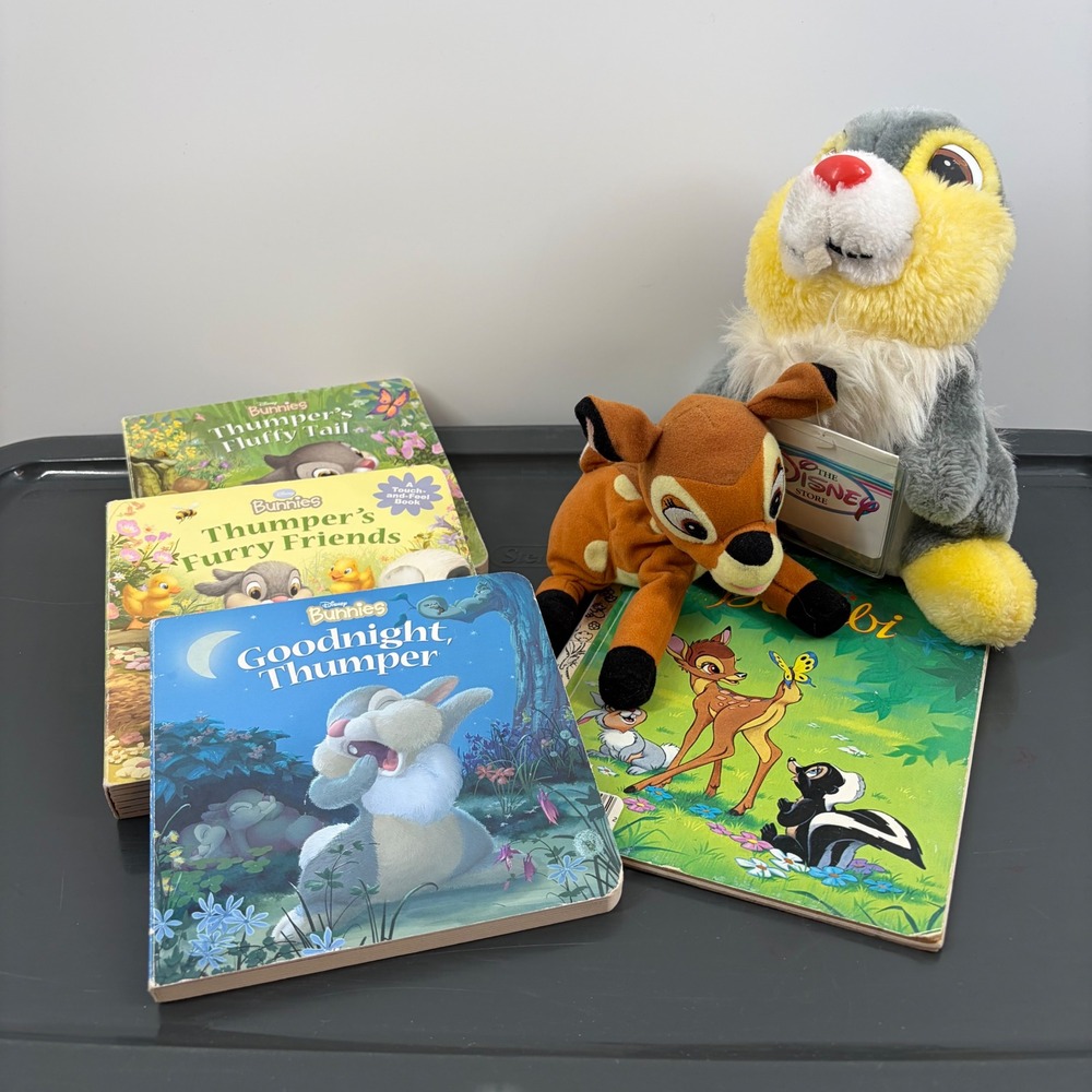 Disney Bambi Thumper Plush and Book Set Vintage Disneyland Little Golden Board